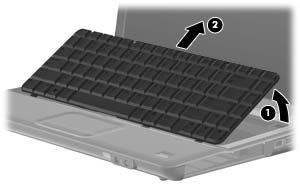 7. Lift the keyboard (2) up until the tabs on the bottom of the keyboard are clear of the