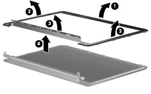 Flex the top side (1), the left and right sides (2), and the bottom (3) of the display bezel until the bezel disengages from the display enclosure. 9. Remove the display bezel (4).