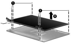 0 screws (1) that secure the display panel to the display enclosure, and then lift the panel from the enclosure (2).