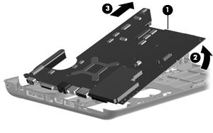 6. Release the system board by sliding it to the right at an angle (3) until the connectors on the left side of the system board disengage from the base enclosure, and then remove the system board. 7.