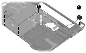 Remove the modem module cable (2) from the routing channel built into the base enclosure. The modem module cable is available using spare part number 494981-001.