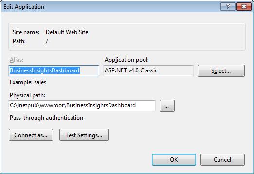 Configuring Business Insights Dashboard 3 On the Actions pane click Basic Settings.