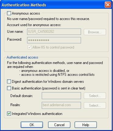 Installing Internet Applications 4 In the Authentication Methods window that appears, remove checks from all boxes, except Integrated Windows authentication, as shown in the following figure: Note: