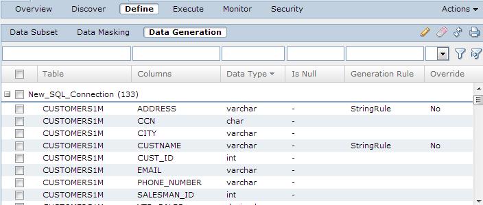 The following image shows the Define Data Generation view in a project: The following table describes the fields in the Data Generation view: Column Table Column Data Type Is Null Generation Rule