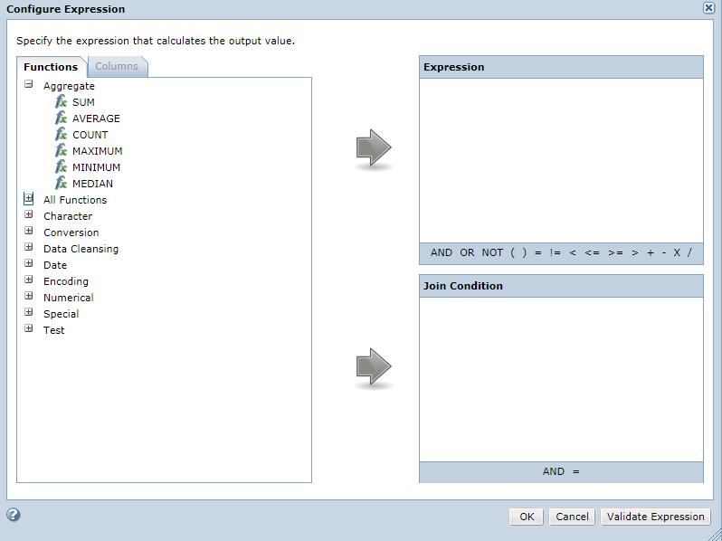 The following image shows the Expression Builder where you configure expressions: For more information about the function syntax, see the Informatica Transformation Language Reference.