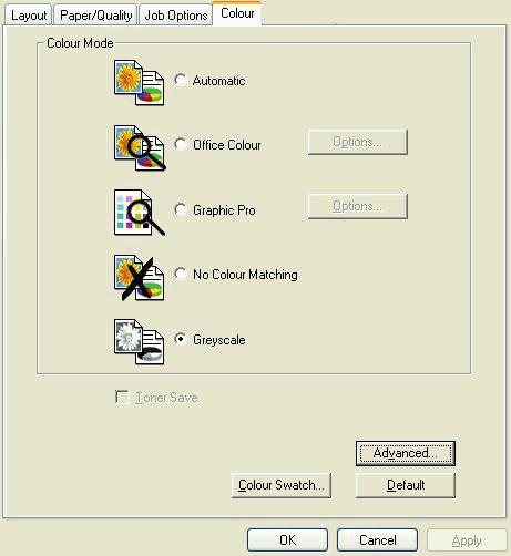 WINDOWS PS AND MAC On the driver s Colour tab, click Greyscale, then click Advanced.
