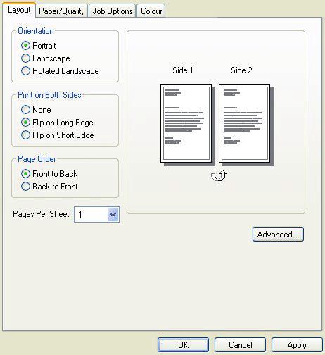 WINDOWS POSTSCRIPT AND MAC In the driver s Layout tab, under -Sided Printing, select the binding edge you want.