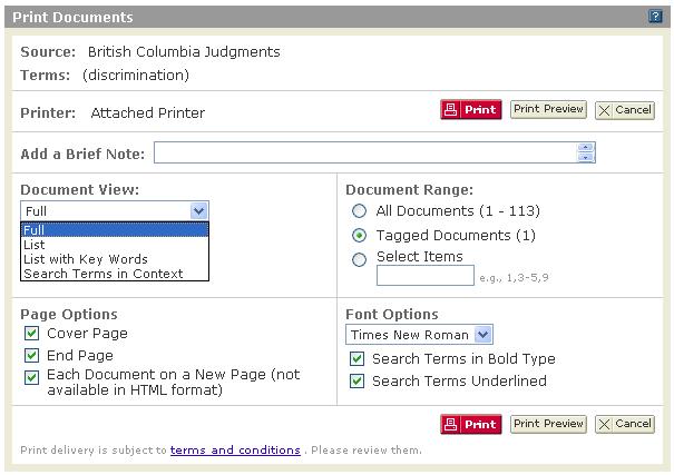 Printing Documents 1. Click the Print icon from any search results page to open the Print Documents window. 2.