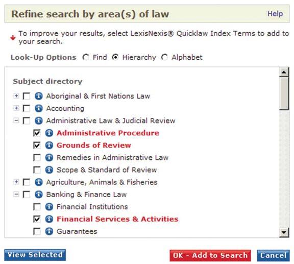 Click the Refine Search by Area(s) of Law link underneath the Enter Search Terms box on the search form. The Subject Directory window opens sorted by Hierarchy.