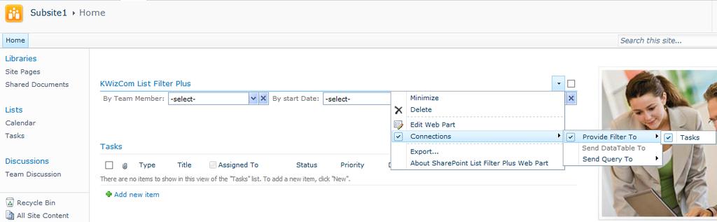 Web Part Properties & Configuration Options Using the web part as a list filter Before starting to configure the SharePoint List Filter Plus web part, you need to connect it to the standard