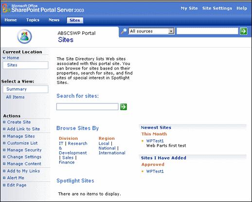 Installation and Configuration SharePoint Site Listing Screen The Site Listing Screen displays all web sites available through the SharePoint portal.