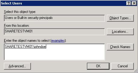 4. In the WSS_WPG Properties dialog box, click Add. The Select Users dialog box appears. 5. Under Enter the object names to select, enter a user name.