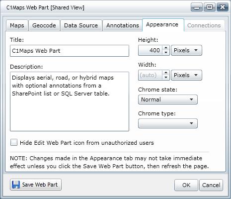 Appearance Title Description Height Width Chrome State Chrome Type Defines the text that appears above the Web Part. Defines the Web Part's description. Define a specific height for the Web Part.
