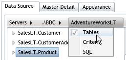 SQL Server Table Display Options If you click the database name in the Servers menu on the SQL Server tab when specifying a data source, you have the option to use Tables, Criteria, or a SQL