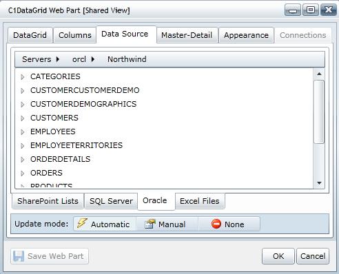 8. Select one of the tables or views to specify a data source for the Web Part. 9. Click Save Web Part.