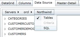 Using the SQL Option The following examples show how to use a stored procedure to specify the data used to populate the C1DataGrid Web Part. 1. Select SQL. 2.