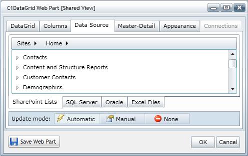 C1DataGrid Web Part The C1DataGrid Web Part provides a rich, scrollable grid to display your SharePoint lists, SQL Server tables, Excel files, or Oracle databases.