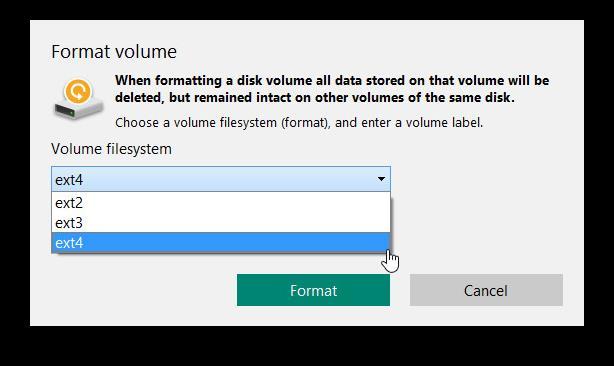 14 Format. You can reformat an existing ExtFS volume to Ext2, Ext3, or Ext4.