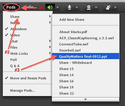 To show a document again, click on Pods then move your cursor over to Share and select the document you want to share.
