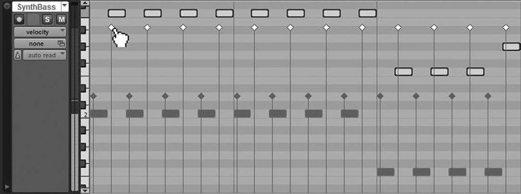 7. With alternating stalks selected, click any selected velocity stalk and drag it upward. This will increase the velocity of all highlighted notes, allowing the synth bass to cut through the mix.
