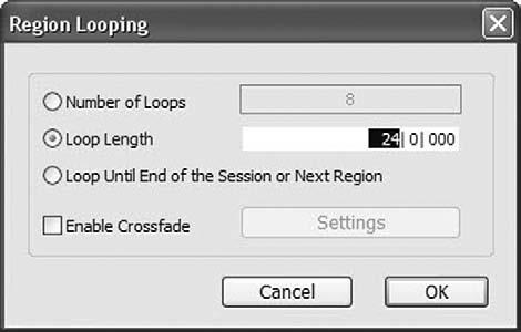 Loop the region: 1. With the Groove-E region still selected, choose REGION > LOOP. The Region Looping dialog box will appear on screen. 2.