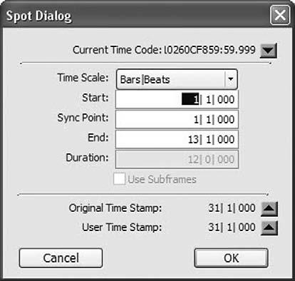 4. Set the Time Scale to BARS:BEATS. 5. In the Start field, type 1 1 000 and click OK. A copy of the region will move to the beginning of the session. The Spot dialog box 6.