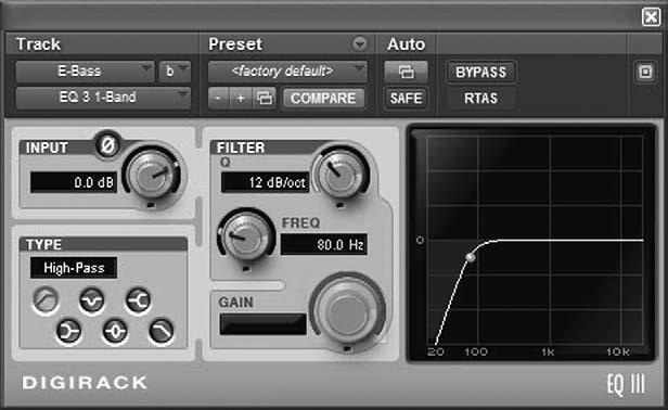 Insert the 1-Band EQ III plug-in on the E-Bass track: 1. Choose WINDOW > MIX or press CTRL+= (Windows) or COMMAND+= (Mac) to activate the Mix window. 2.