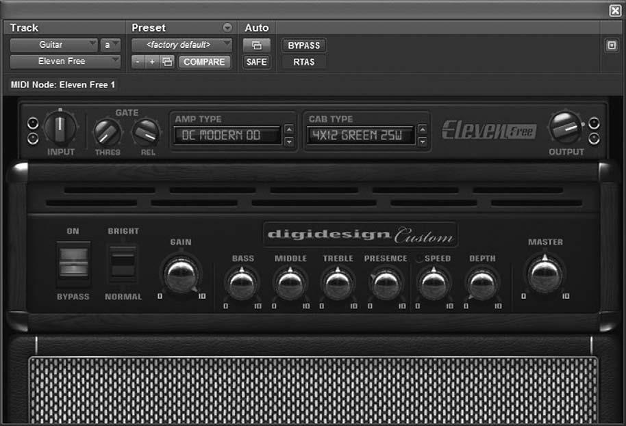 Selecting an amp type in the Eleven Free plug-in Adjust the Eleven Free settings: 1. Solo the Guitar track by clicking on the SOLO (S) button just above the Volume Fader in the Mix window. 2.