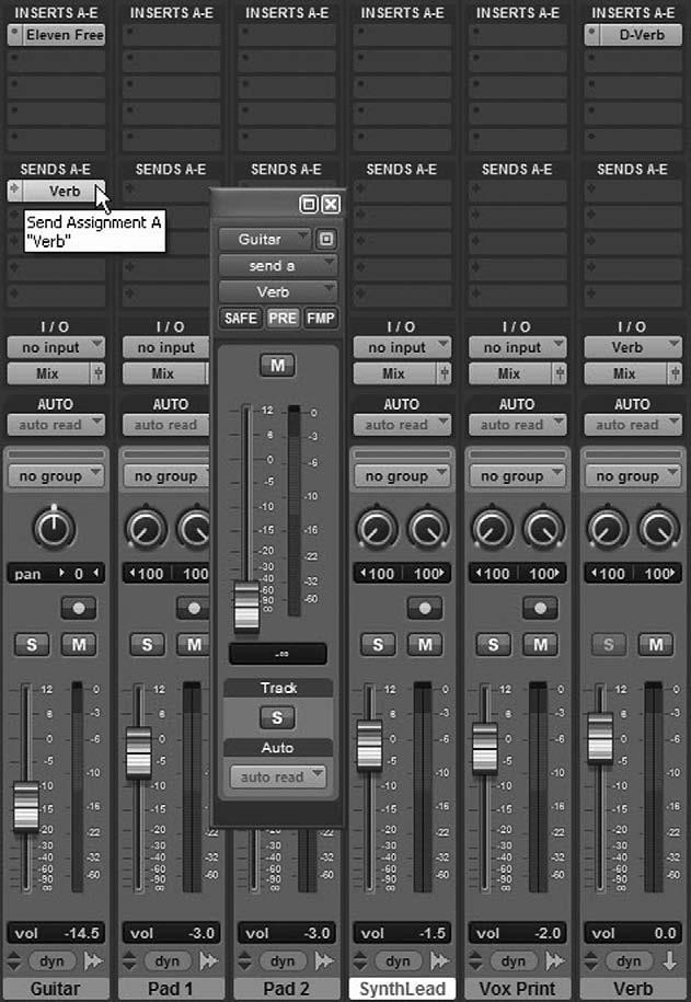 The Send A window 3. Press the SPACE BAR to begin playback. 4. While listening to the track, raise the level on the Send Fader to introduce reverb. (Try between 10 and 6 db.