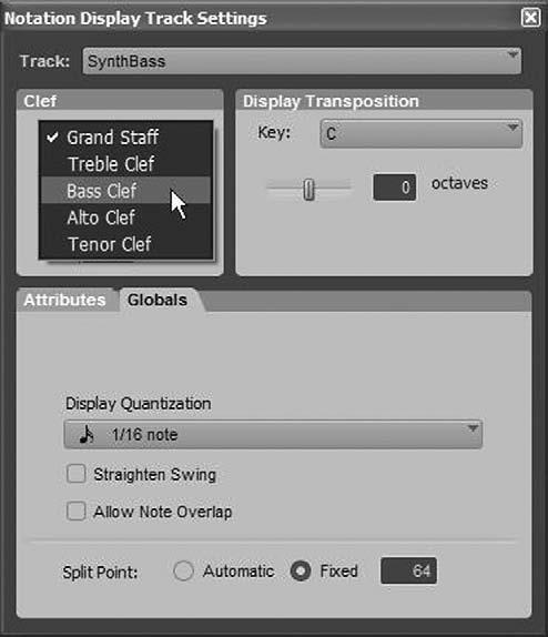 Configure the staff and print the score: 1. Right-click in the Score Editor and select NOTATION DISPLAY TRACK SETTINGS from the pop-up menu or double-click on a CLEF symbol on the SynthBass track.
