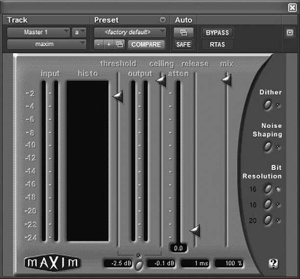 2. In the Maxim plug-in window, be sure that DITHER is disabled (unlit). (You will insert a separate dither plug-in later.