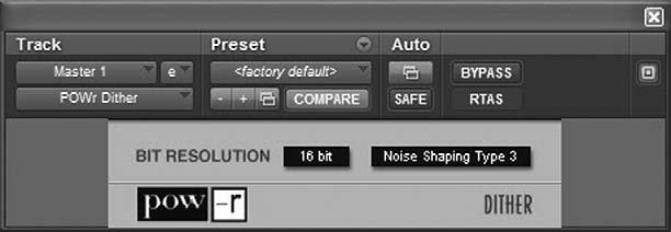 Add dither to the master fader: 1. In the Mix window, click on INSERT SELECTOR B of the Master 1 track and choose MULTICHANNEL PLUG-IN > DITHER > POWR DITHER (STEREO).