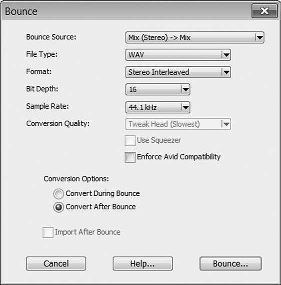 Settings for the Bounce dialog box Archive Your Work Now that your project is complete, you will need to back it up for storage.