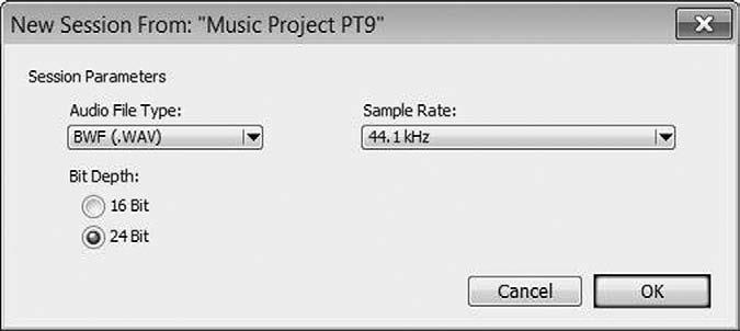 3. In the resulting New Session dialog box, select the defaults for the audio file type (.wav), bit depth (24 bit), and sample rate (44.1 khz) and click OK.