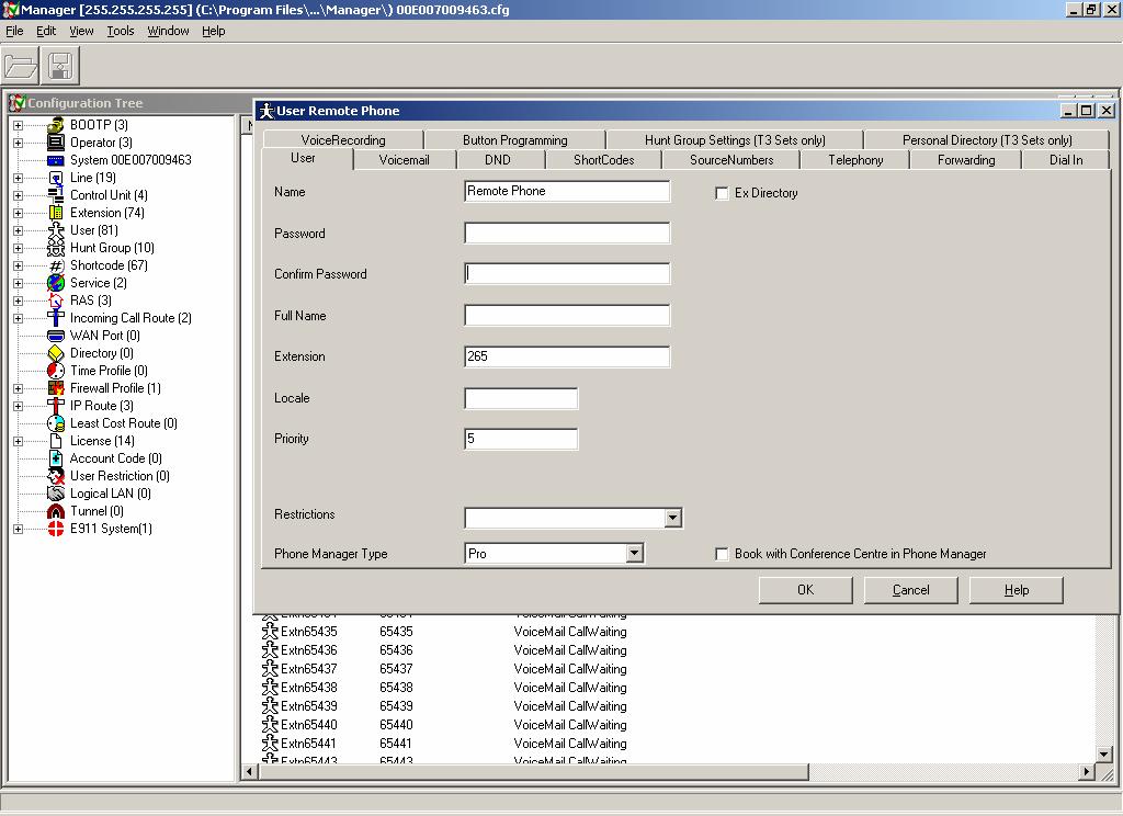 2. Configure a user for the remote phone. In IP Office Manager, select User in the left panel.