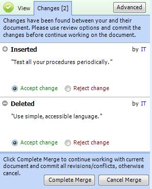 Using Jive for Office 10 Click Merge and Review to review which changes you want to use. You can choose which changes you want to accept and reject.