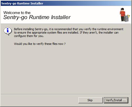 Runtime installer When installing, the Setup Wizard runs in two distinct steps. The first verifies the underlying runtime environment while the second installs Sentry-go itself. When you run SETUP.