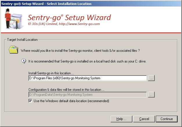 Selecting a target installation location If you are installing the Sentry-go monitoring software on the server for the first time, or you are re-installing it, then the following window will be