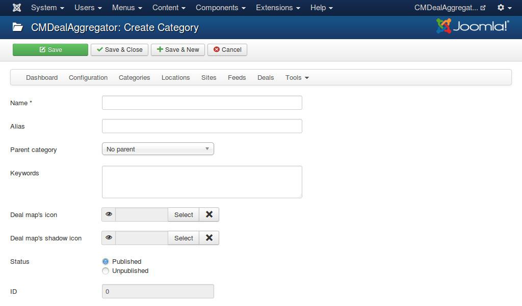 CHAPTER 5 Categories In your back-end, you navigate to Components -> CMDealAggregator to access the Dashboard, click Categories in the component s menu to access category list.