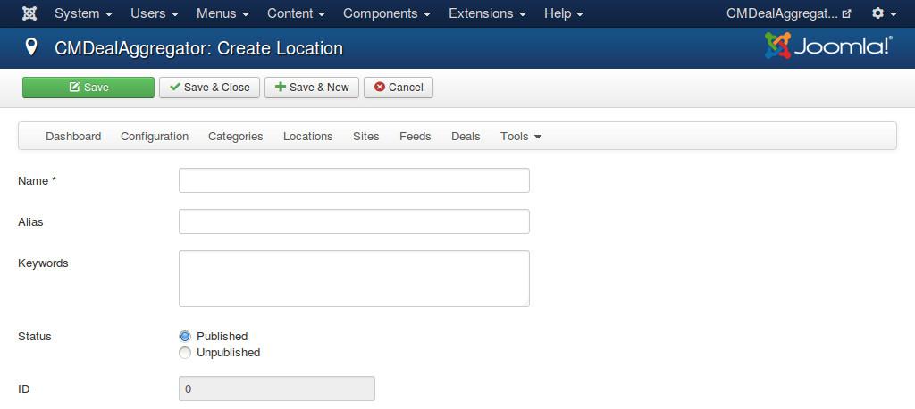 CHAPTER 6 Locations In your back-end, you navigate to Components -> CMDealAggregator to access the Dashboard, click Locations in the component s menu to access location list.