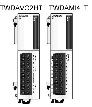 Description of Analog I/O Modules Controller Type These 2 analog I/O modules are: 2-point output module with a terminal block (TWDAVO2HT) 4-point input module, current, voltage and temperature, with