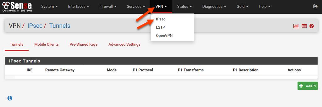 1. Navigate to the IPSec configuration page in the top ribbon. (VPN -> IPSec) 2. Click on the Add P1 button. 3.