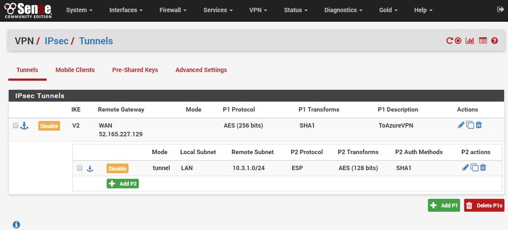 10. You should now have a P1 and P2 entry. 11. The last step is to allow VPN traffic through the pfsense Firewall. To do this click Firewall -> Rules in the top ribbon. 12.