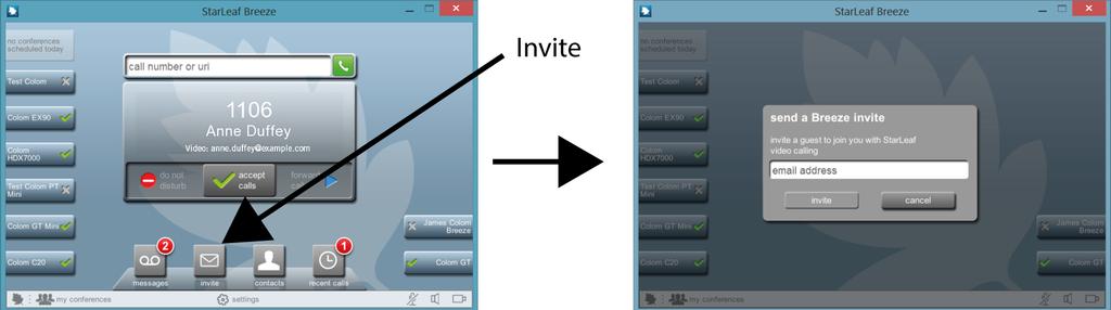 About guest invites About guest invites Guest invites allow StarLeaf users to invite guests to video call them using either their browser or by installing Breeze software.