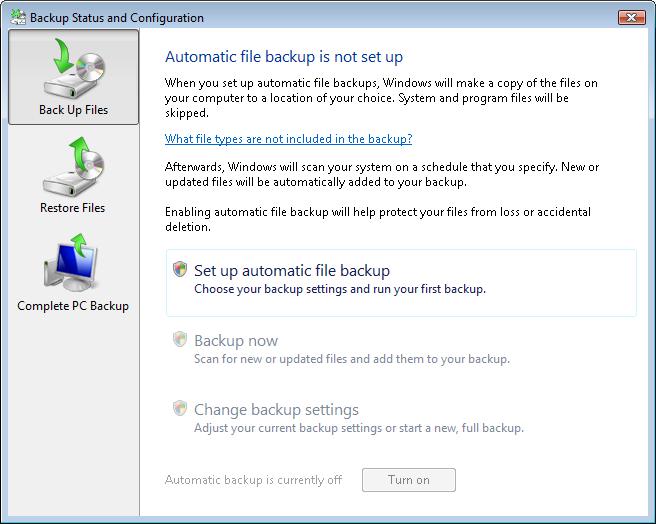 b. If backup has never been configured, your window will look like the following: c.