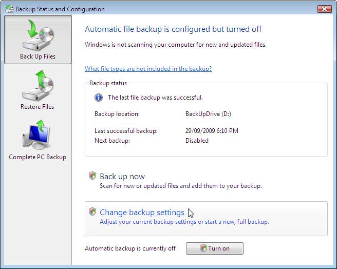 Step 3: Complete the Back Up Files wizard. a. If a backup is already configured, click Change backup settings > Continue.