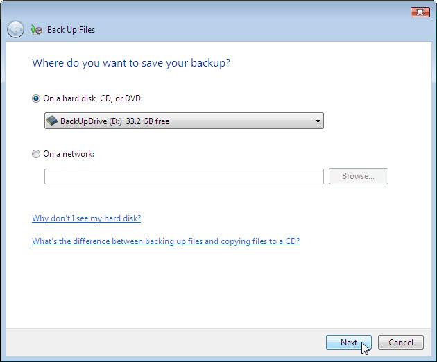 Select the location where the backup will be stored. In this example, an external hard drive is used. Click Next. c.