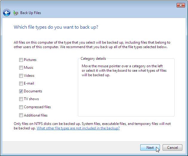 What file types will not be backed up? Only files on what type of disk can be backed up? d. Select the file type Documents. Click Next. e. The How often do you want to create a backup?