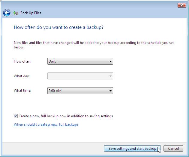 f. Place a check mark in the checkbox Create a new, full backup now in addition to saving settings. Click Save settings and start backup. g. The Creating a shadow copy progress screen is displayed.