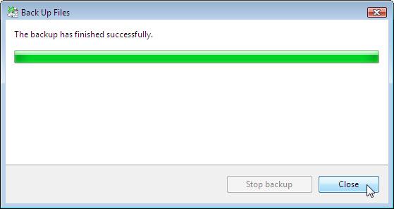 b. Click Backup Status and Configuration, and the click Back Up Files. c. Click Back up now > Continue. The progress bar opens. When the backup is complete click Close. d.